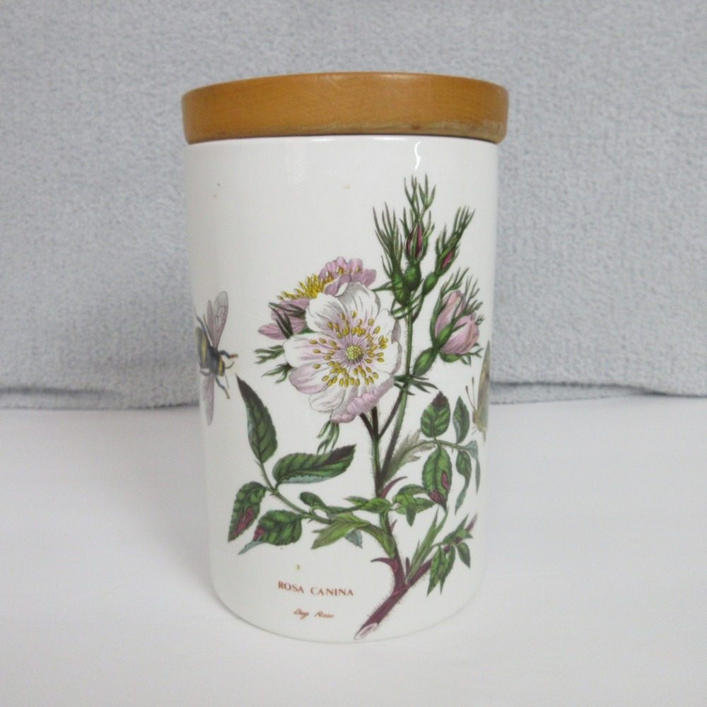 Portmeirion Botanic Garden Rosa Canina Dog Rose Canister Wooden Lid 7in England